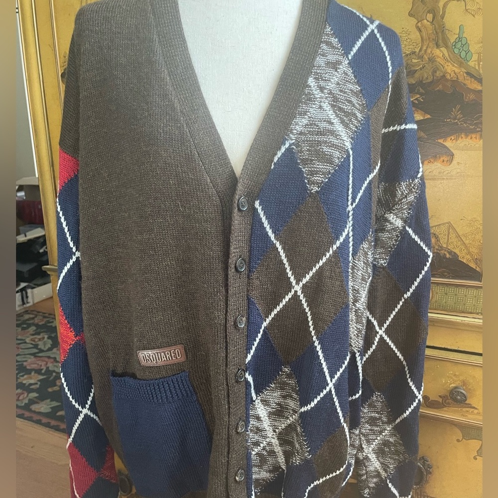 NEW DSQUARED2 Argyle Wool Brown Oversized Patchwork Cardigan Sweater Unisex RARE - Picture 6 of 9